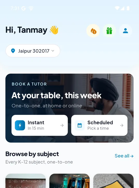 The Eduviq app's home screen: book a tutor for this week, instantly or scheduled, over a grid of school subjects